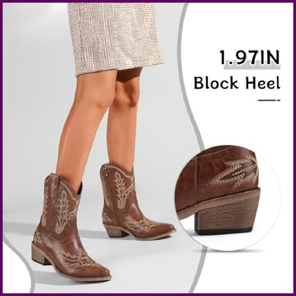 Women's Western Ankle Boots Rhinestone Embroidery Chunky Heel PU Leather - Picture 6 of 8